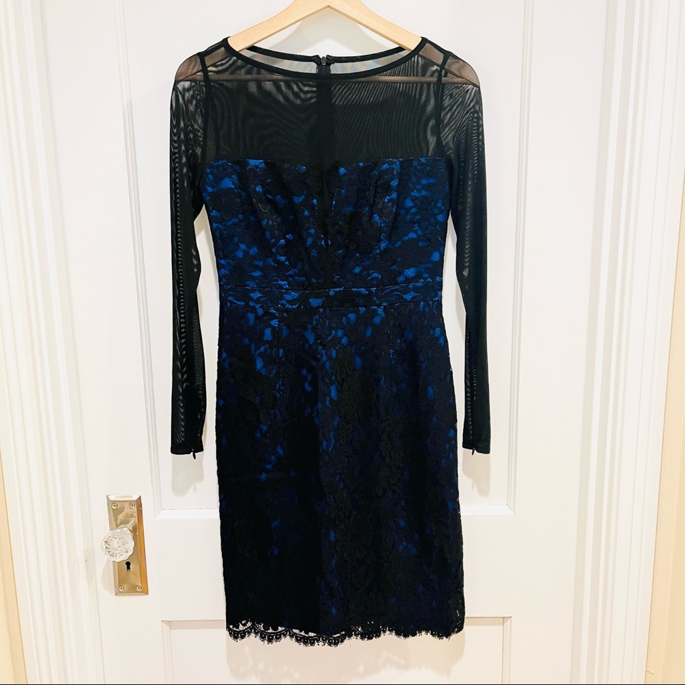 Monique Lhuillier Lace Long Sleeve Sheath Dress Black Blue 2